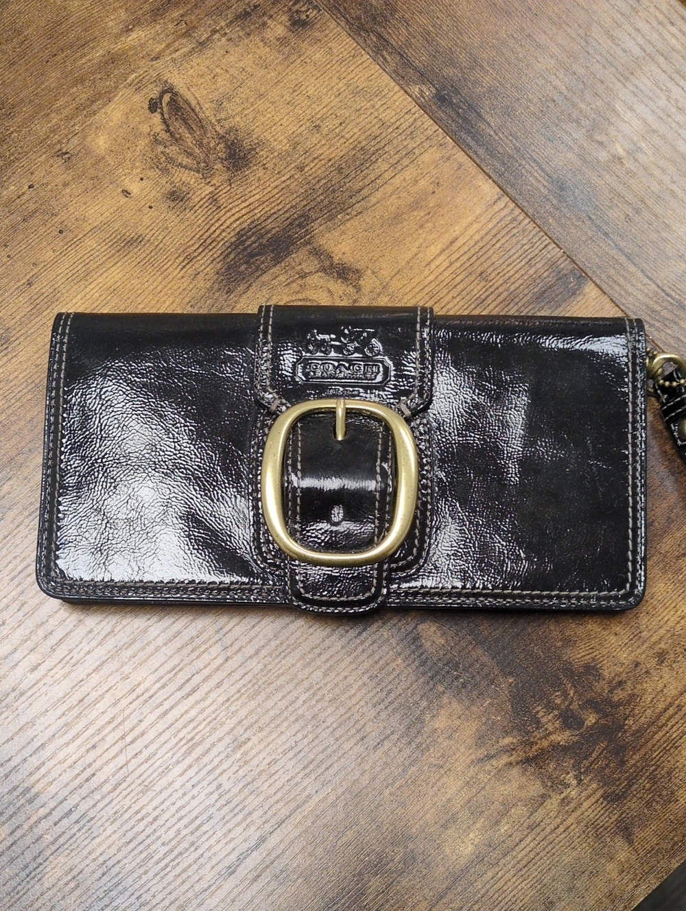Coach Black Patent Leather Wallet with Gold Buckle Wristlet
